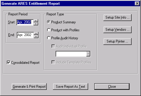 Generate ARES Entitlement Report Dialog